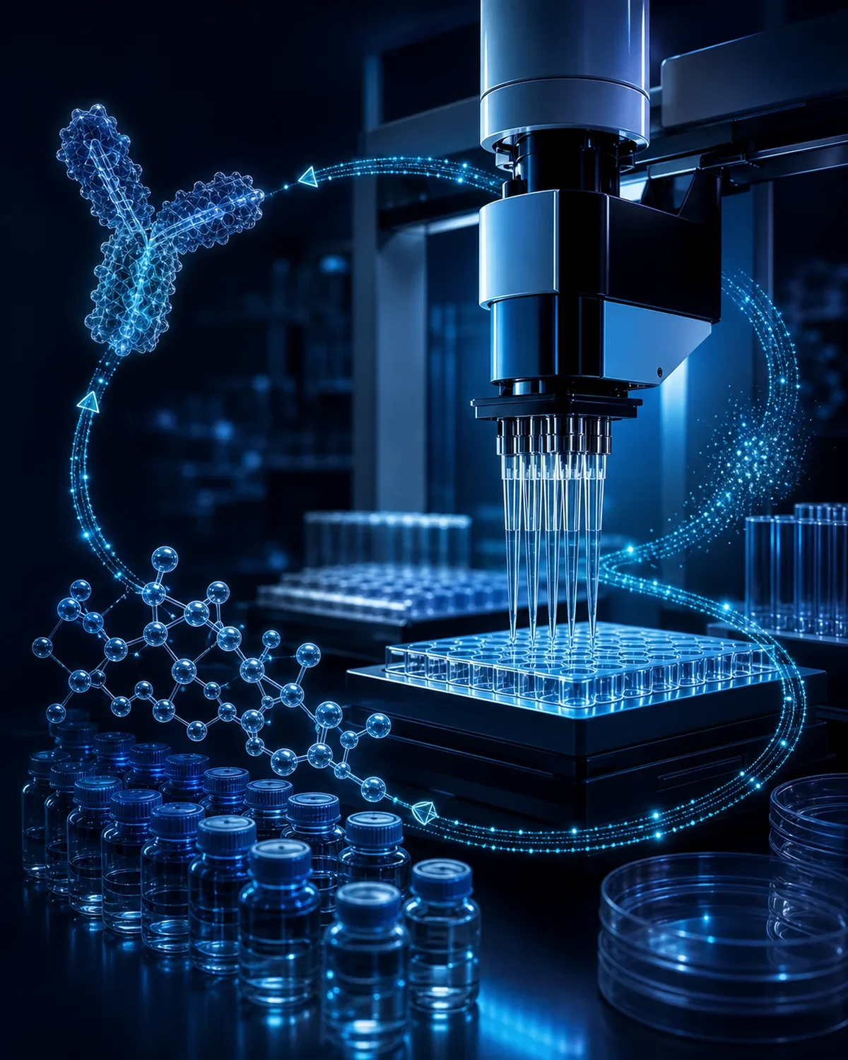 Robotic liquid-handling workstation connected by a learning loop to antibody and polymer design inputs