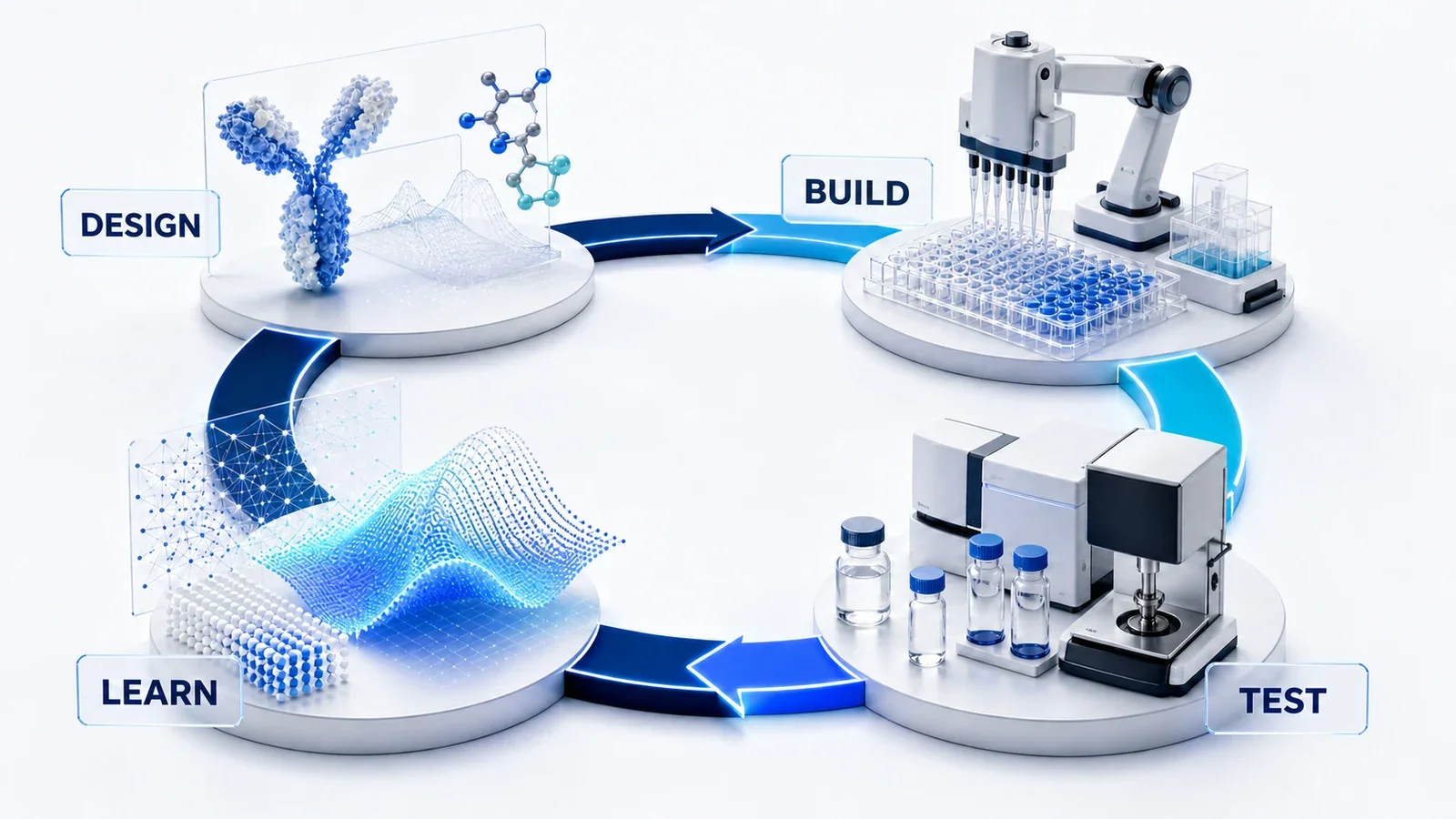 Four-stage scientific automation loop: molecular and experimental design, robotic build, analytical testing, and machine learning from structured data.