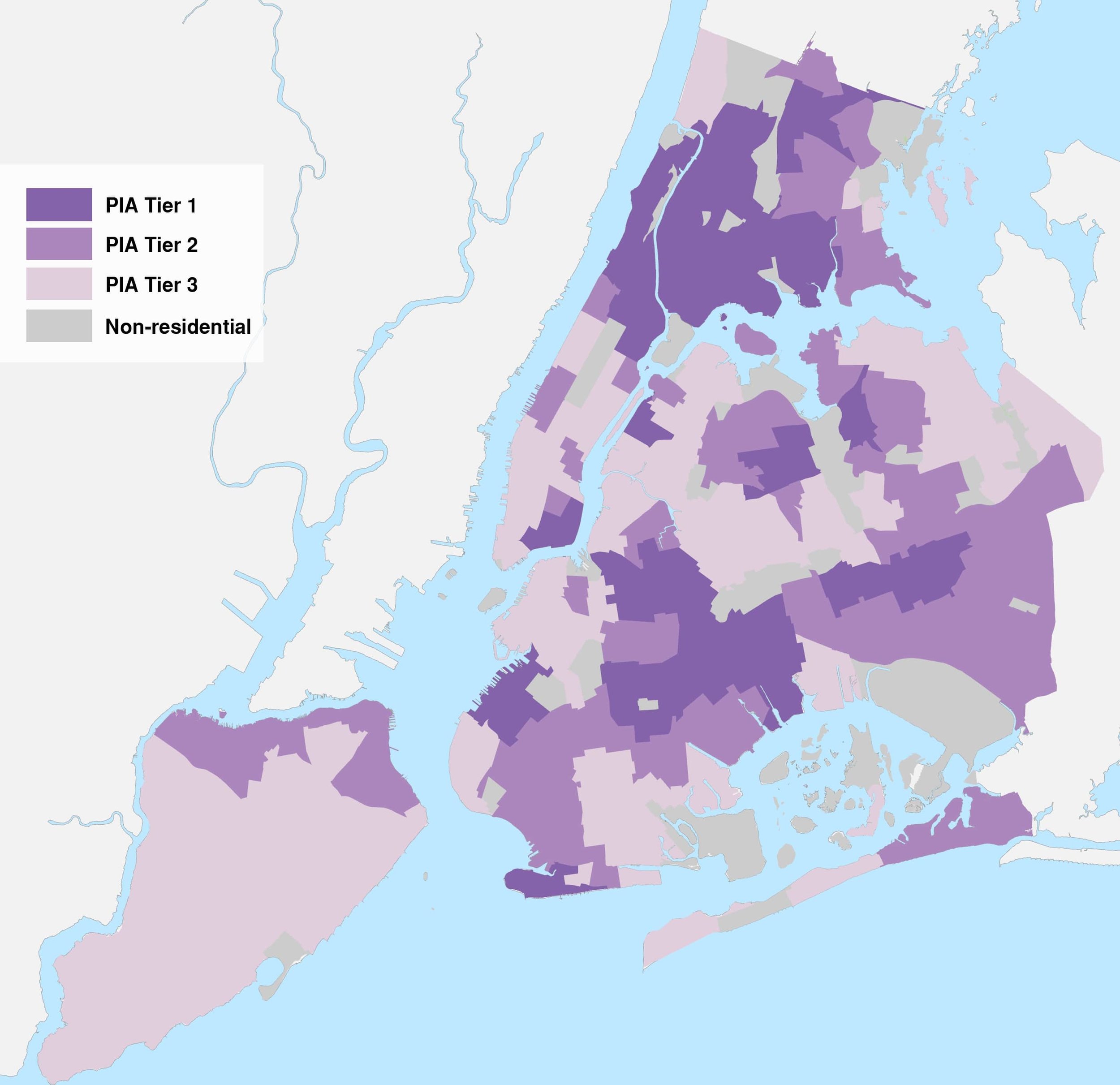 A map of DOT’s Priority Investment Areas (PIA) showing NYC neighborhoods colored according to their PIA tier. There are three tiers with tier 1 representing highest priority areas. Areas in northeast Brooklyn, north Manhattan, south Bronx, and parts of Queens fall under tier 1. Courtesy of NYC DOT.