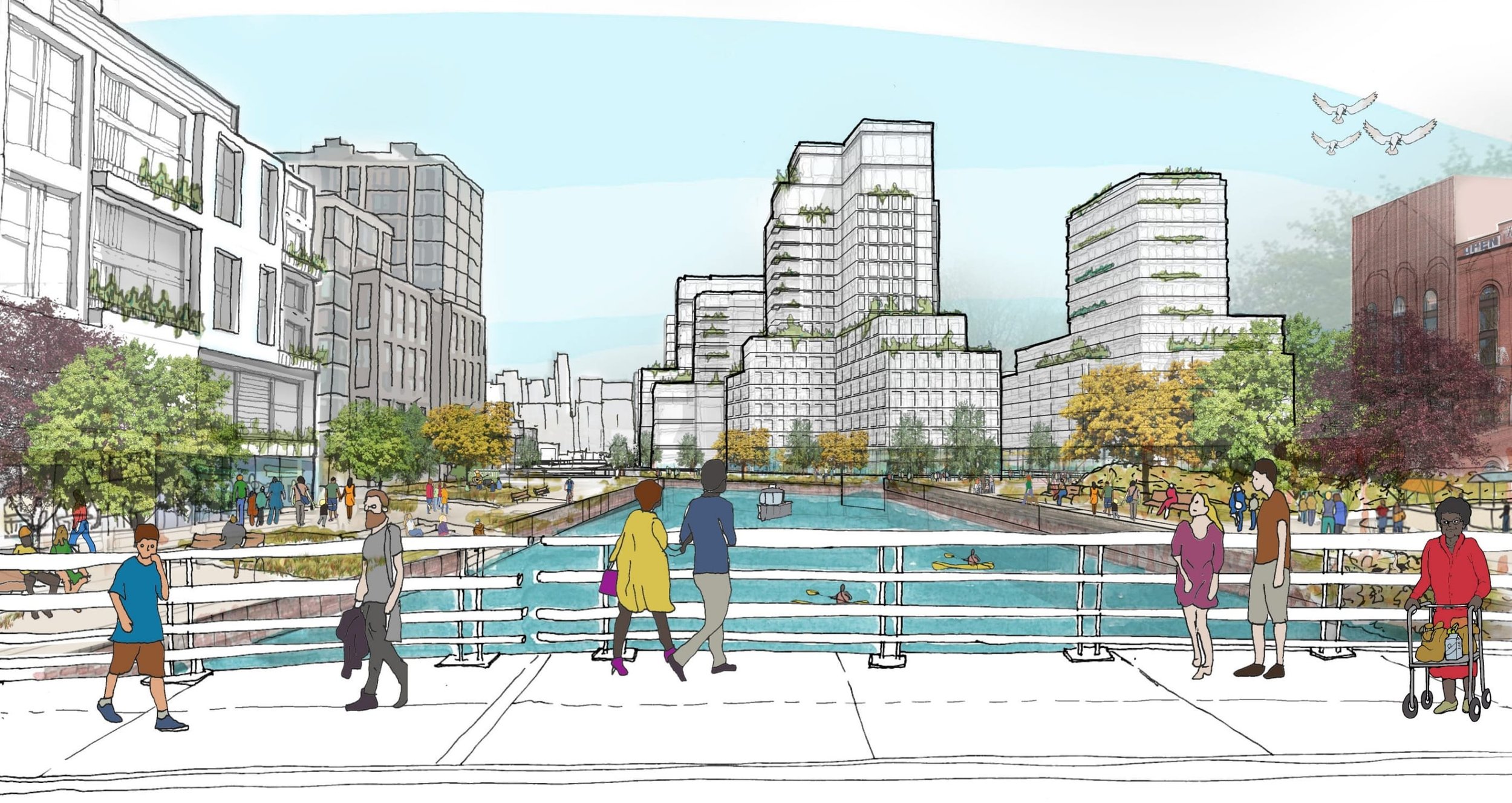 A rendering of the Gowanus Canal bridge crossings showing people walking with greenery, wide sidewalks, and new mixed use buildings in the background. Courtesy of NYC Planning.