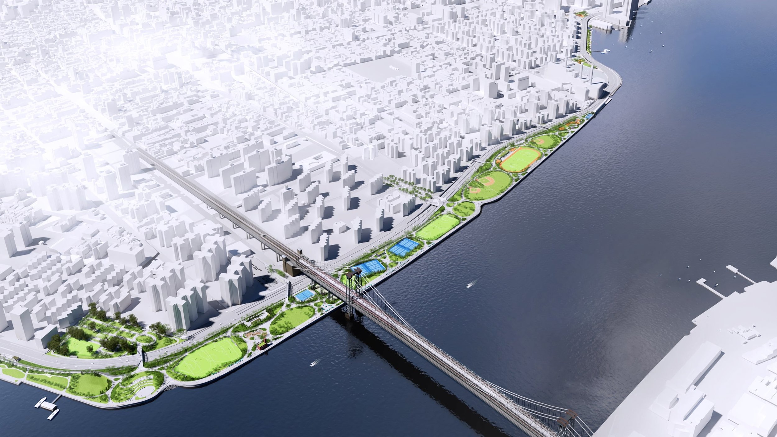 A rendering of the East side Coastal Resiliency Project showing an aerial view of planned open space on the waterfront. Courtesy of the Mayor’s Office of Environmental Justice.