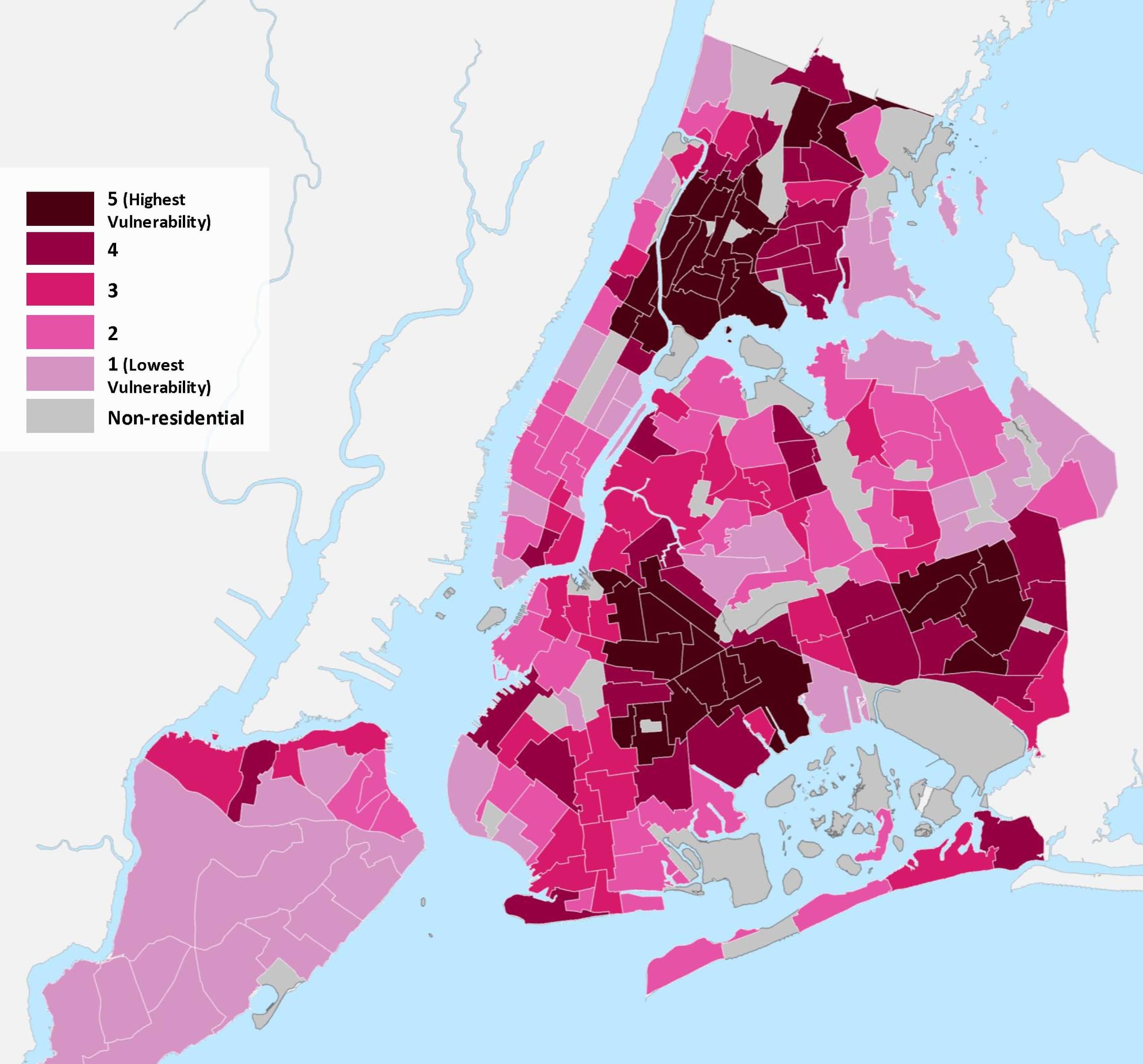 A map depicting heat vulnerability in each of New York City’s neighborhood tabulation areas. Each area has a score on a five-point scale indicated by a pink color gradient, with lower scores shown in light pink and higher scores shown in dark pink. Neighborhoods in the southern Bronx, central and east Harlem, central and eastern Brooklyn, and eastern Queens have high heat vulnerability index scores. Courtesy of the Department of Health and Mental Hygiene.