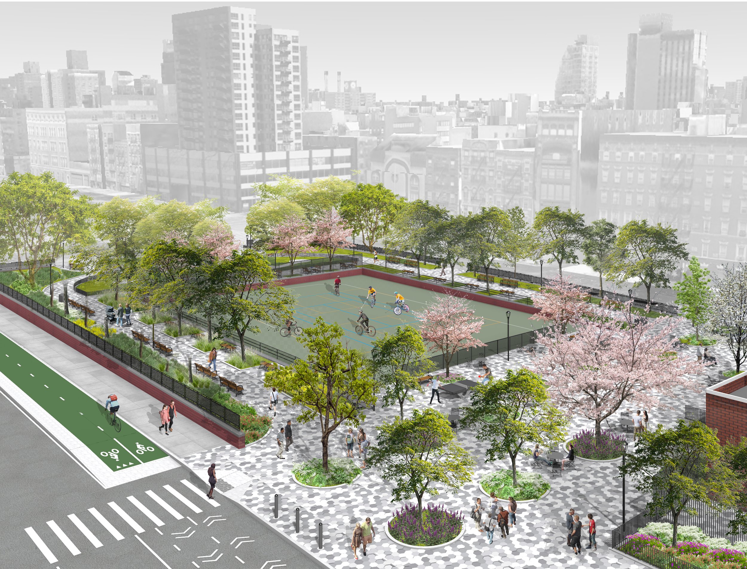 Image credit: Perspective rendering of Broome St. Plaza and multipurpose area. Rendering created by Quennell Rothschild & Partners and provided by NYC Parks
