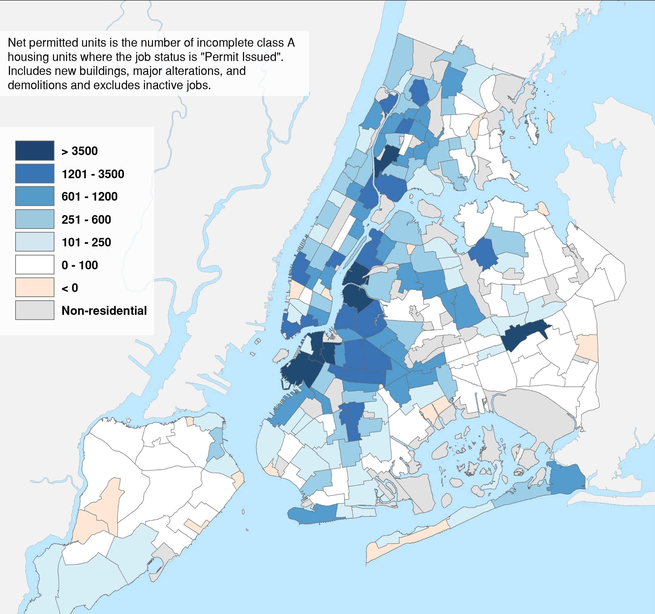 A map of net permitted housing units in each neighborhood tabulation area (NTA) across New York City, ranging from over 3500 units to less than zero per NTA. Areas with the most housing units growth are in Long Island City, southern Bronx, and central and northern Brooklyn. Areas with less than 100 permitted housing units are the Upper East Side, West Village, northern Bronx, eastern Queens, eastern and southern Brooklyn and mid-Staten Island. Courtesy of NYC Planning.