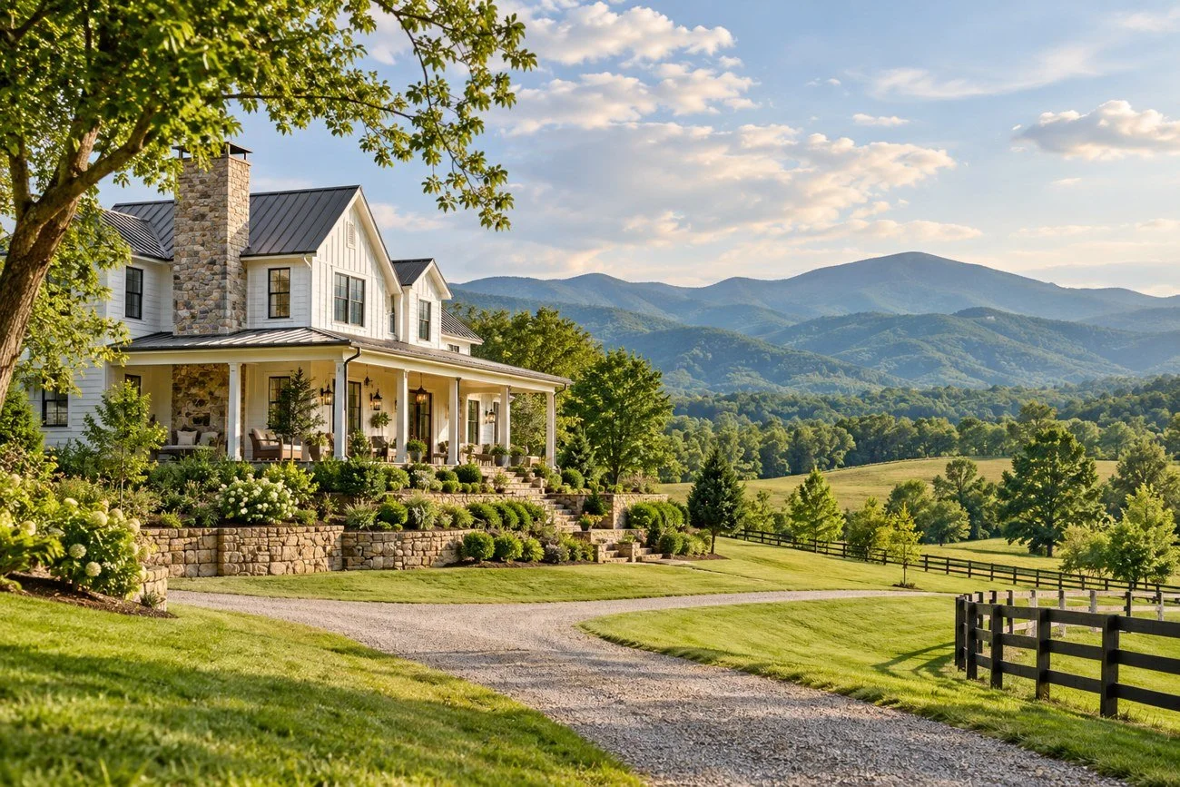 Illustrative North Carolina home with open green acreage and mountain views