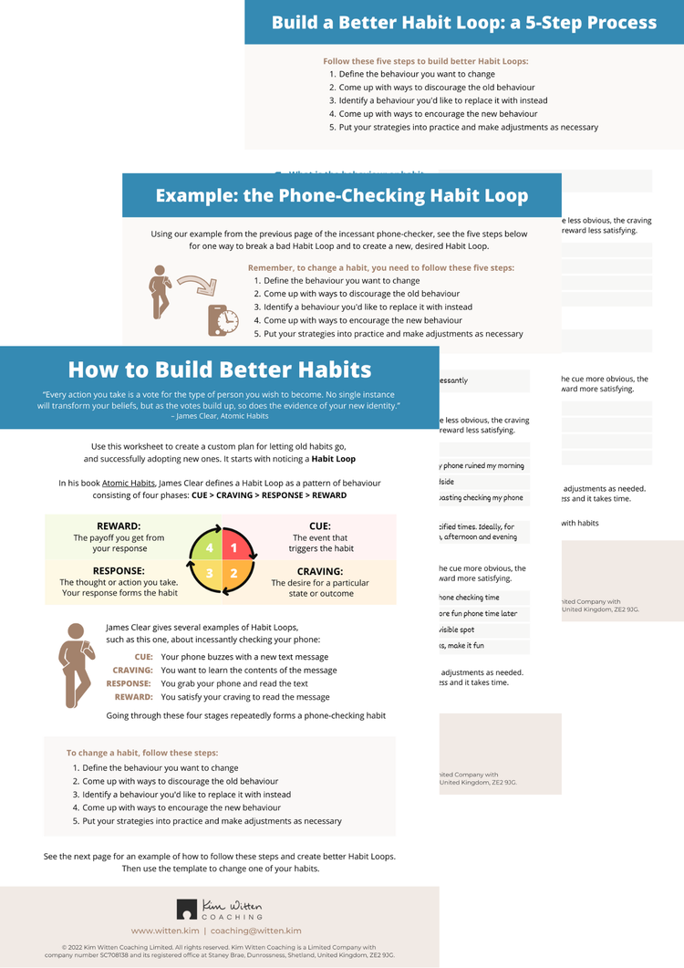 See the habit loop worksheet! Learn the 4 stages, read the phone checking example, use the template to change your habits