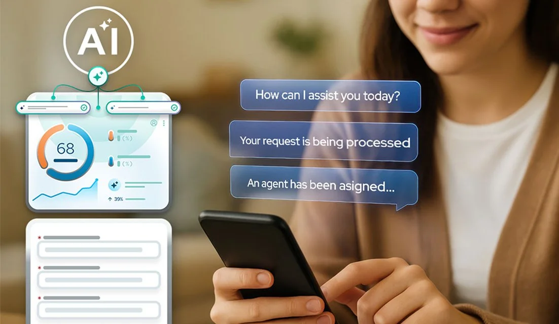 A person holding a smartphone, with a holographic AI interface displaying a progress circle at 68%, a line graph, and three speech bubbles with text: 'How can I assist you today?', 'Your request is being processed,' and 'An agent has been assigned...' in a cozy indoor environment.