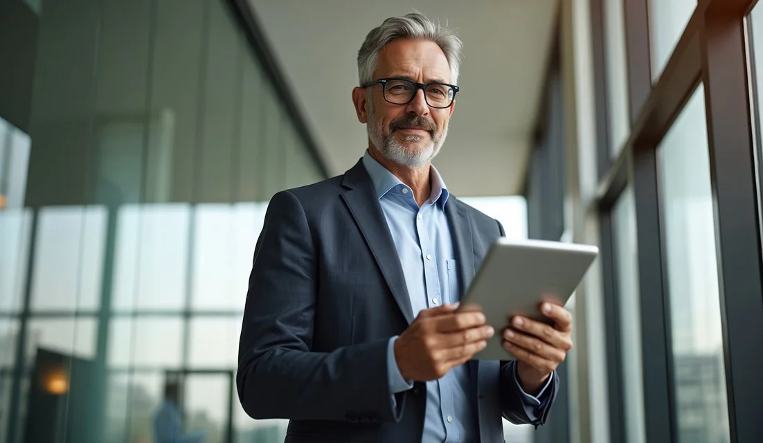 A professional man with gray hair and glasses, wearing a suit, holding a tablet in a modern office with large windows and a city view in the background.