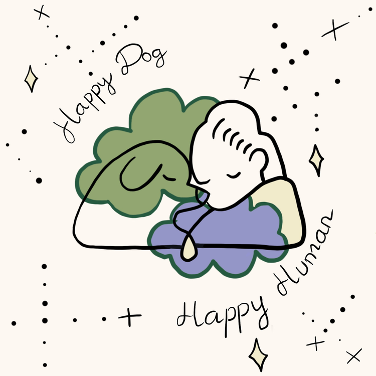 Image shows a line drawing of human and dog nestled together in a closed-eye breath. The words "Happy Dog" are above left and the words "Happy Human" below right. Lavender and moss green clouds embrace the duo while stars, dots, diamonds fill space.
