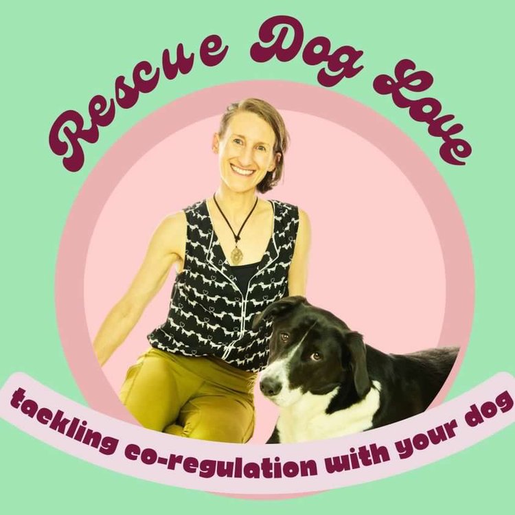 Image has a seafood background with a salmon circle in the center. Arced over the top in dark mauve we see the podcast title: Rescue Dog Love. An image of Sharon, a white female-bodied human sitting next to a black-and-white dog.