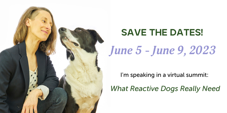 Image has white background with photo of Sharon and Muggins on the left, sitting shoulder-to-shoulder and looking into each other's eyes. On the right we see words: "save the dates, June 5 to June 9, 2023, I'm speaking in a virtual summit".