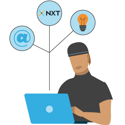 Illustration - Man typing on laptop with thought bubble of NXT logo, lightbulb, and @ symbol