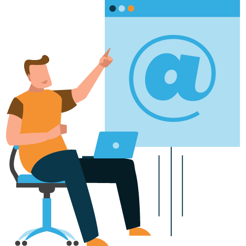 Illustration - Man sitting on chair pointing at illustrated webpage with @ symbol on it