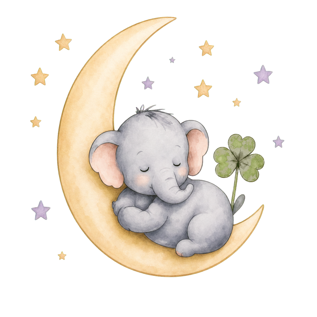 A sleeping baby elephant resting on a crescent moon and holding a four-leaf clover