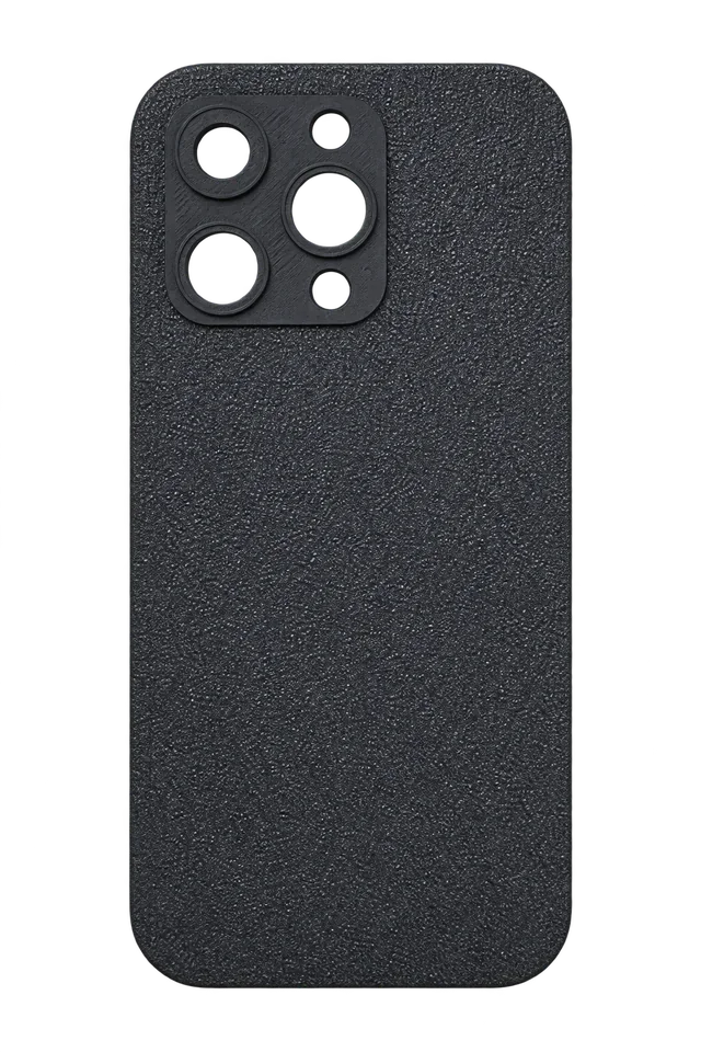 Isolated black 3D-printed iPhone-style housing with textured surface and five camera openings