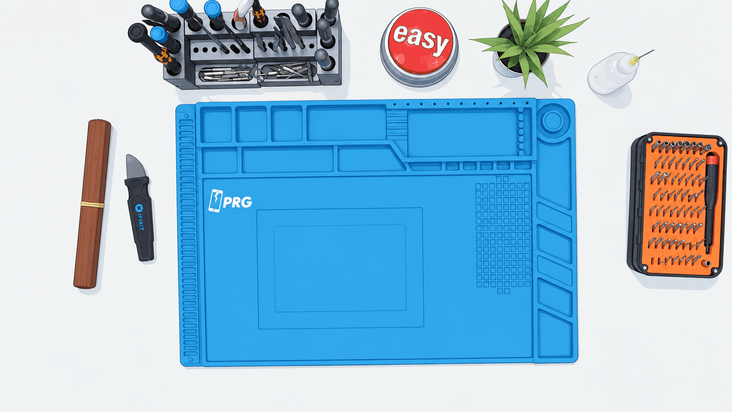 Illustration of the Phone Repair Guru workbench with blue repair mat, tools, plant and easy button