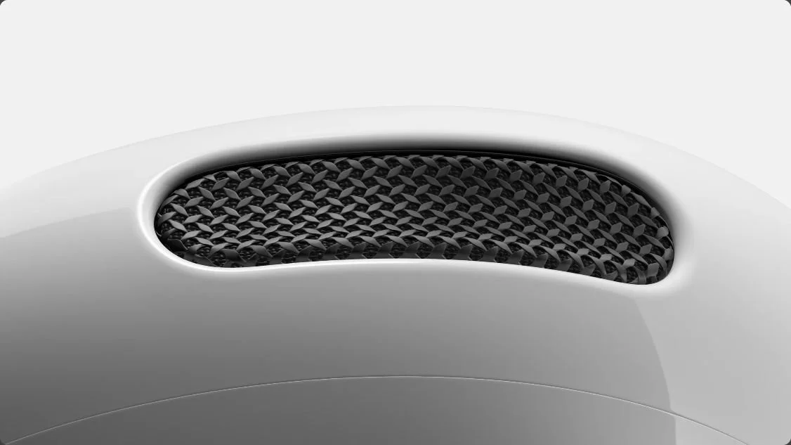 Close-up of the AirPods 5 acoustic mesh during Apple's presentation
