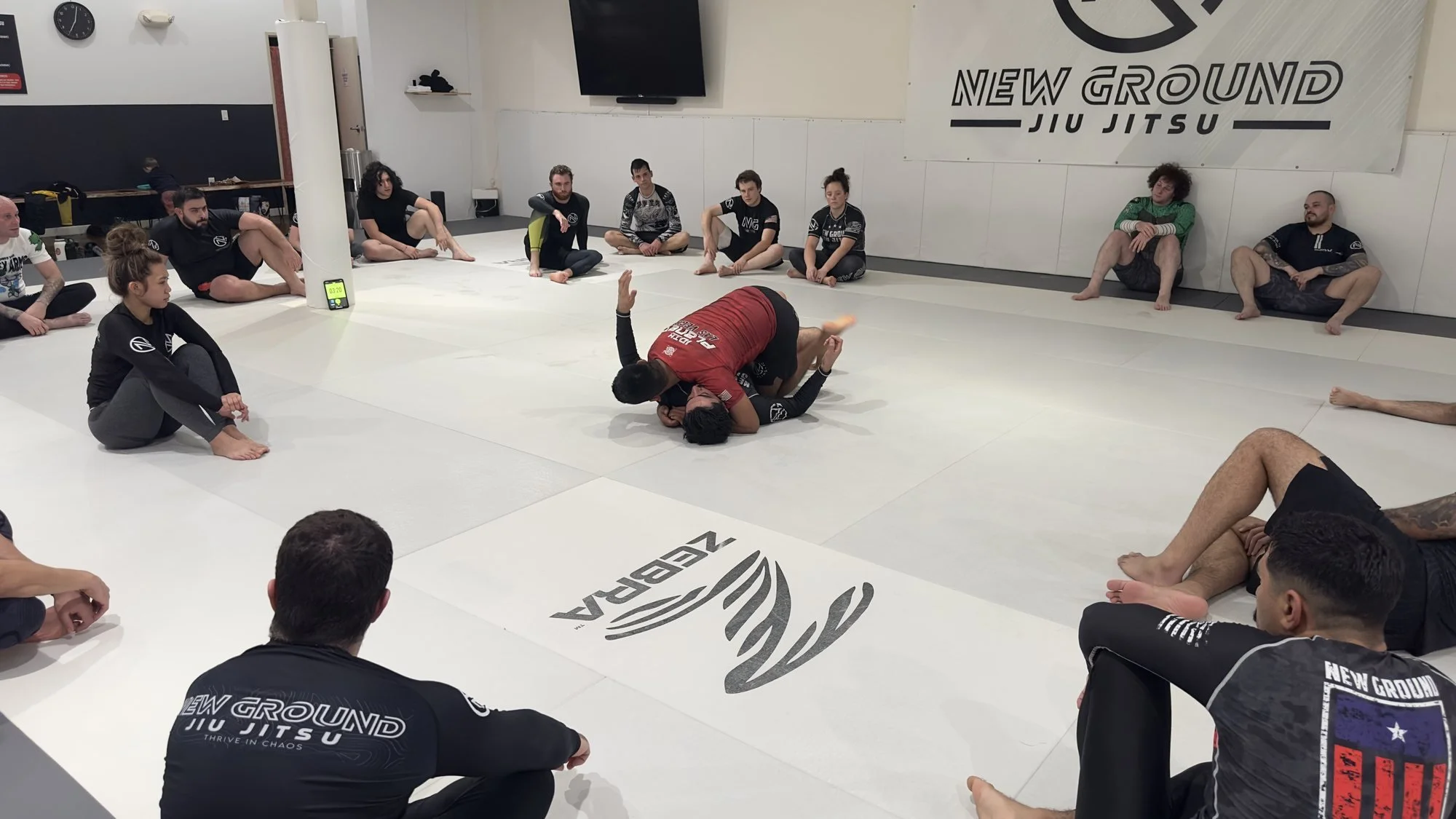 A Fundamentals class at New Ground Jiu Jitsu seen from the back of the room