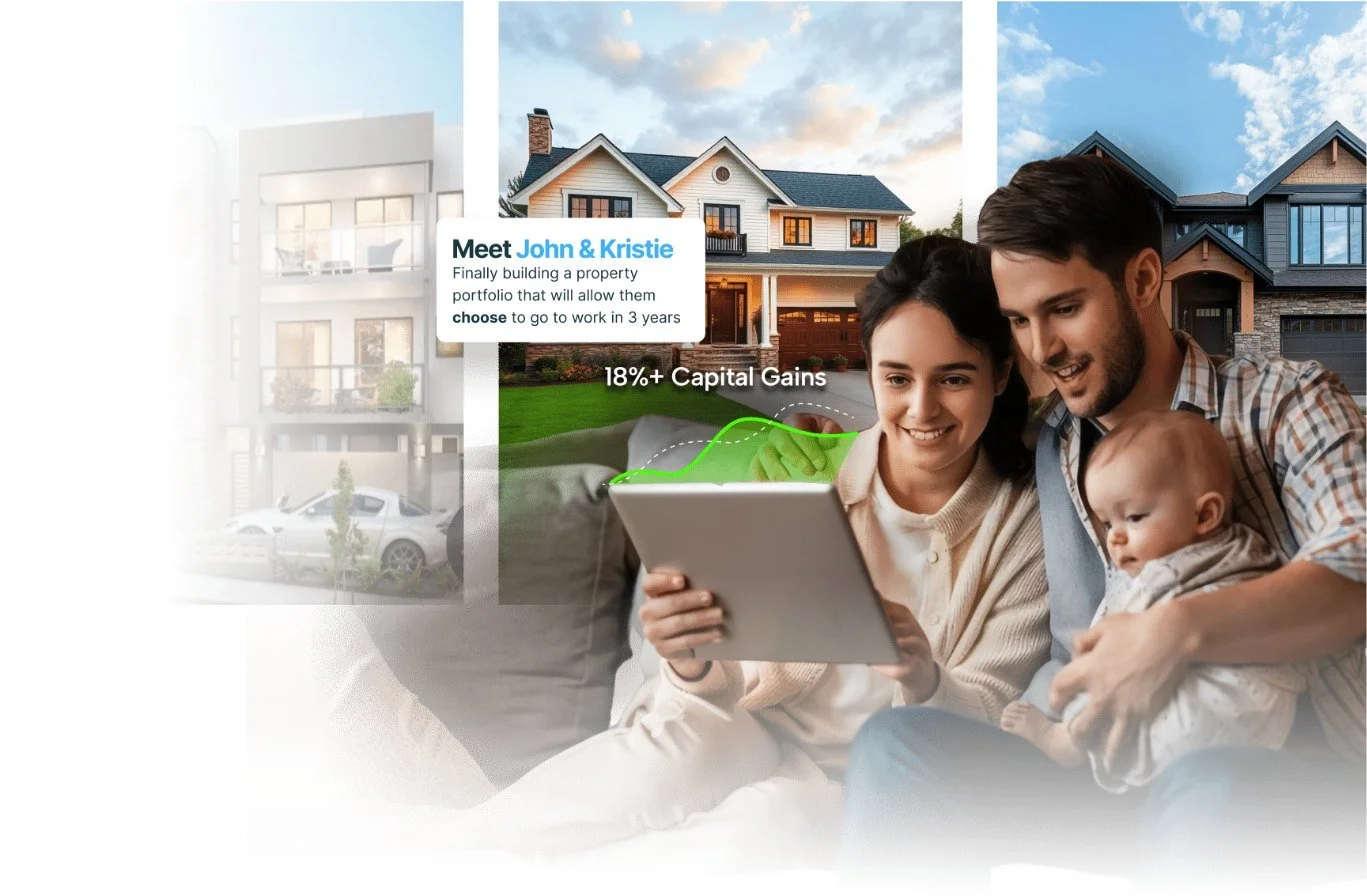 A young family reviewing an investment property on a tablet