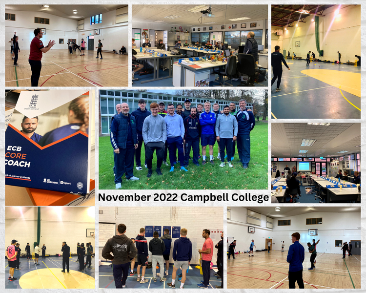 A collage of photos from the ECB Core Coach November 2022 in Campbell College Belfast.