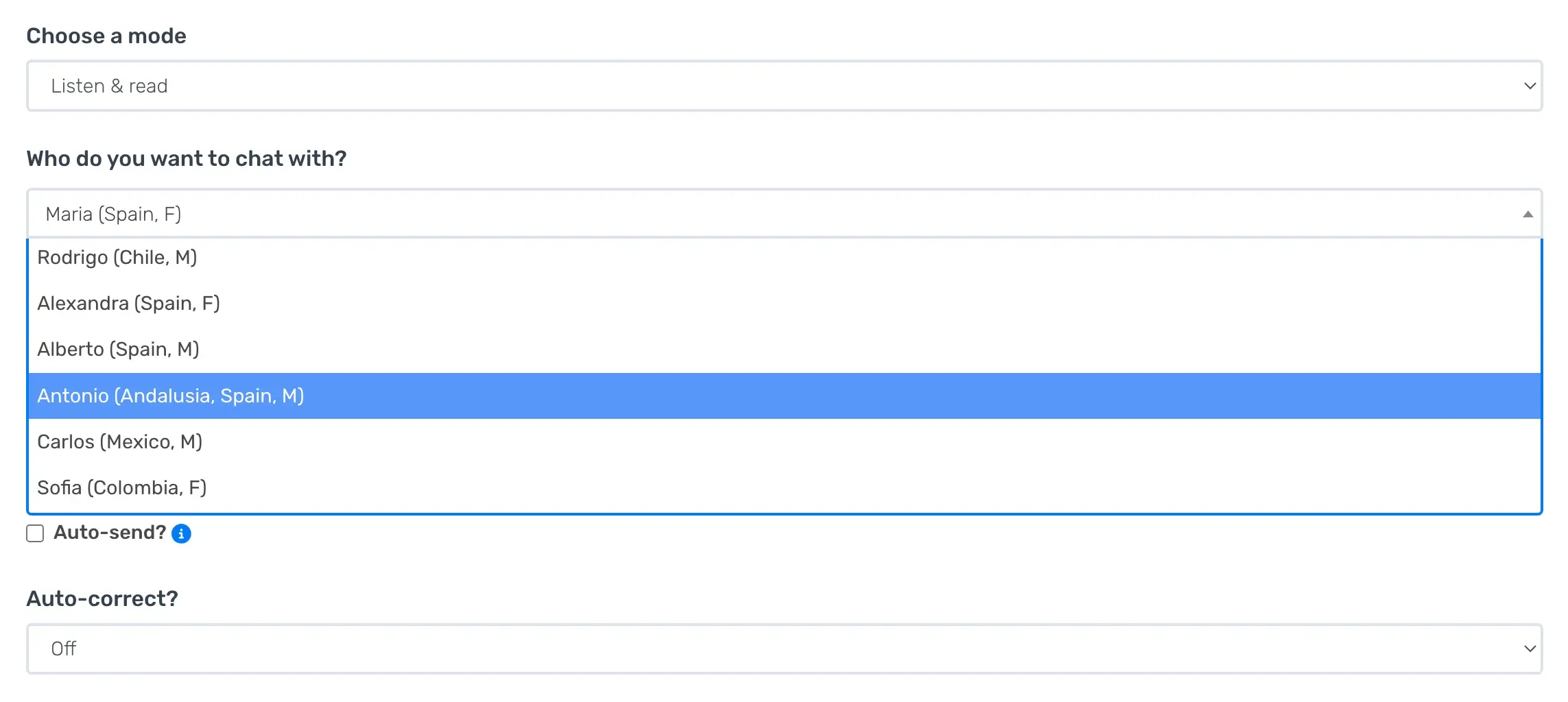 Langua chat settings showing dialect voice options including Andalusian Spanish