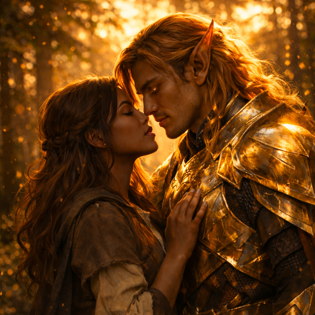 Princess and warrior almost kissing