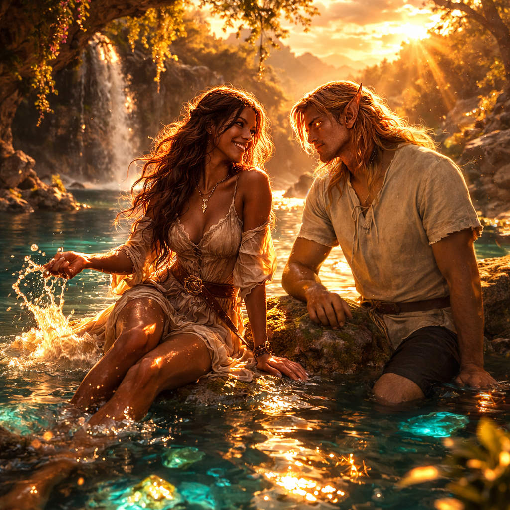 Princess and warrior talking in the lagoon