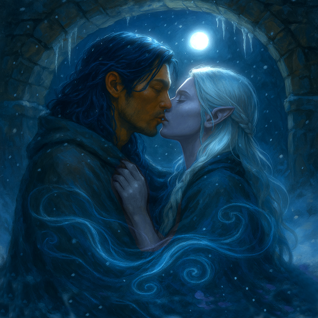 Rielle and Neir kissing under the bridge