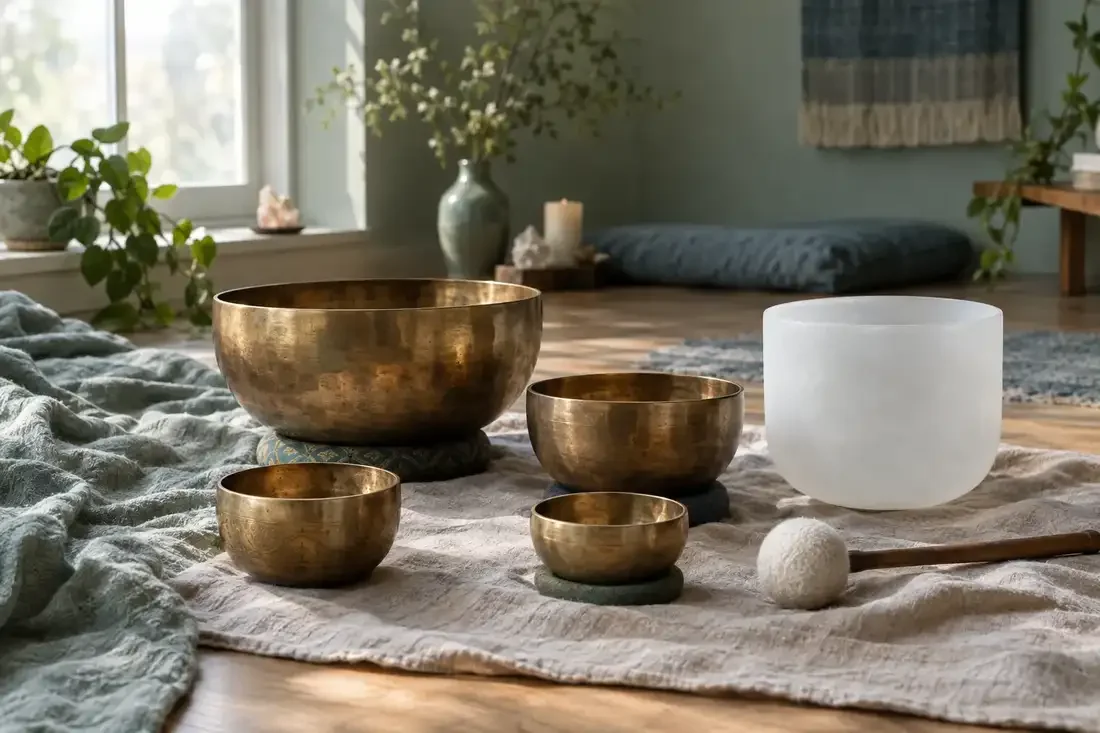 Brass and crystal singing bowls on a linen blanket in a softly lit room