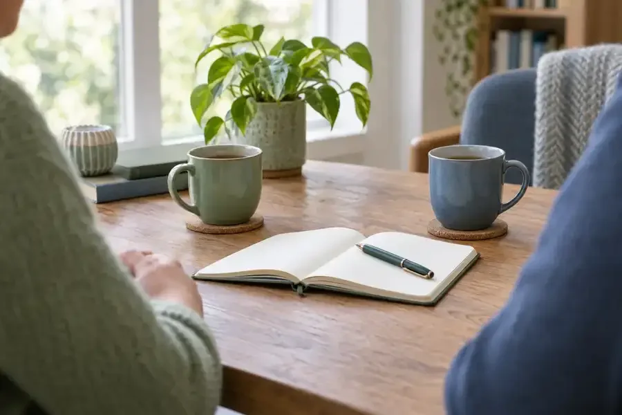 Two mugs of tea and an open notebook on a table by a bright window