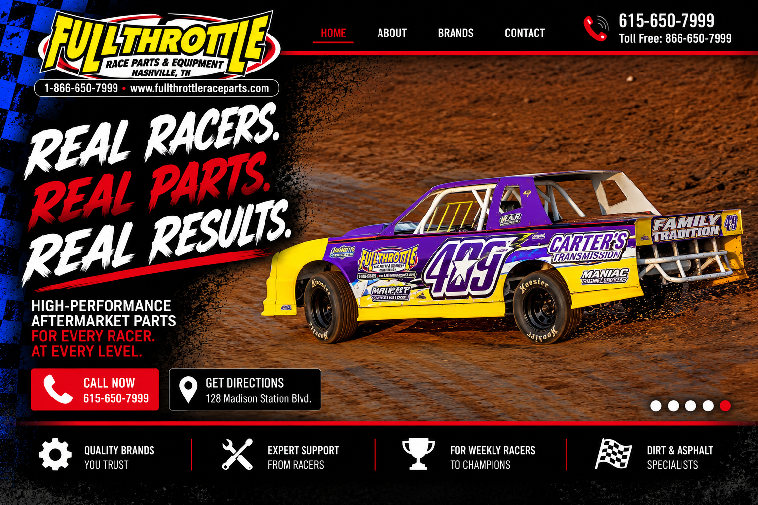 Real racers. Real parts. Real results. Purple and yellow dirt race car.