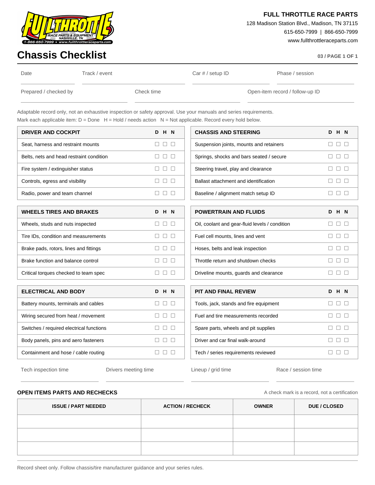 Preview of the blank branded Chassis Checklist