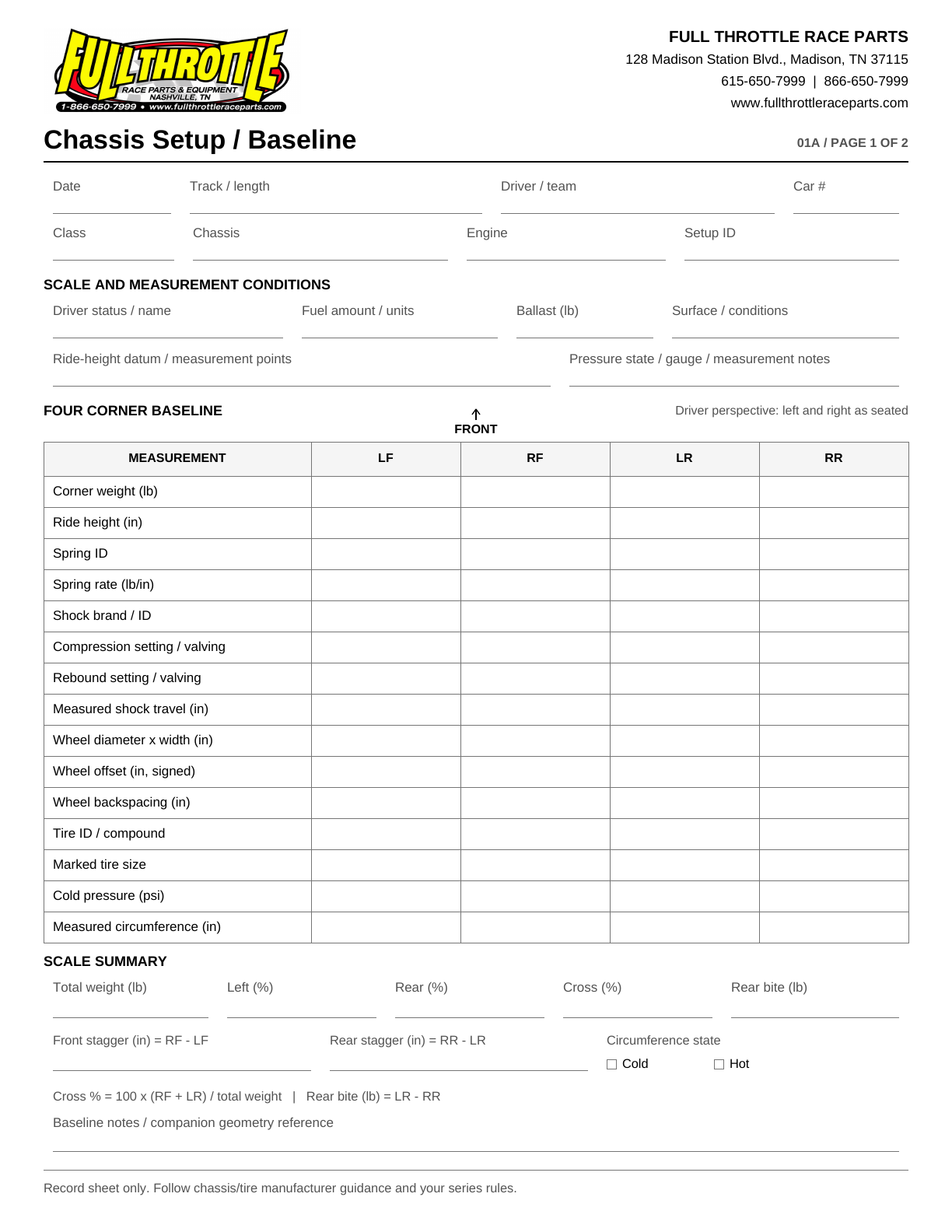 Preview of the blank branded Chassis Setup Sheet