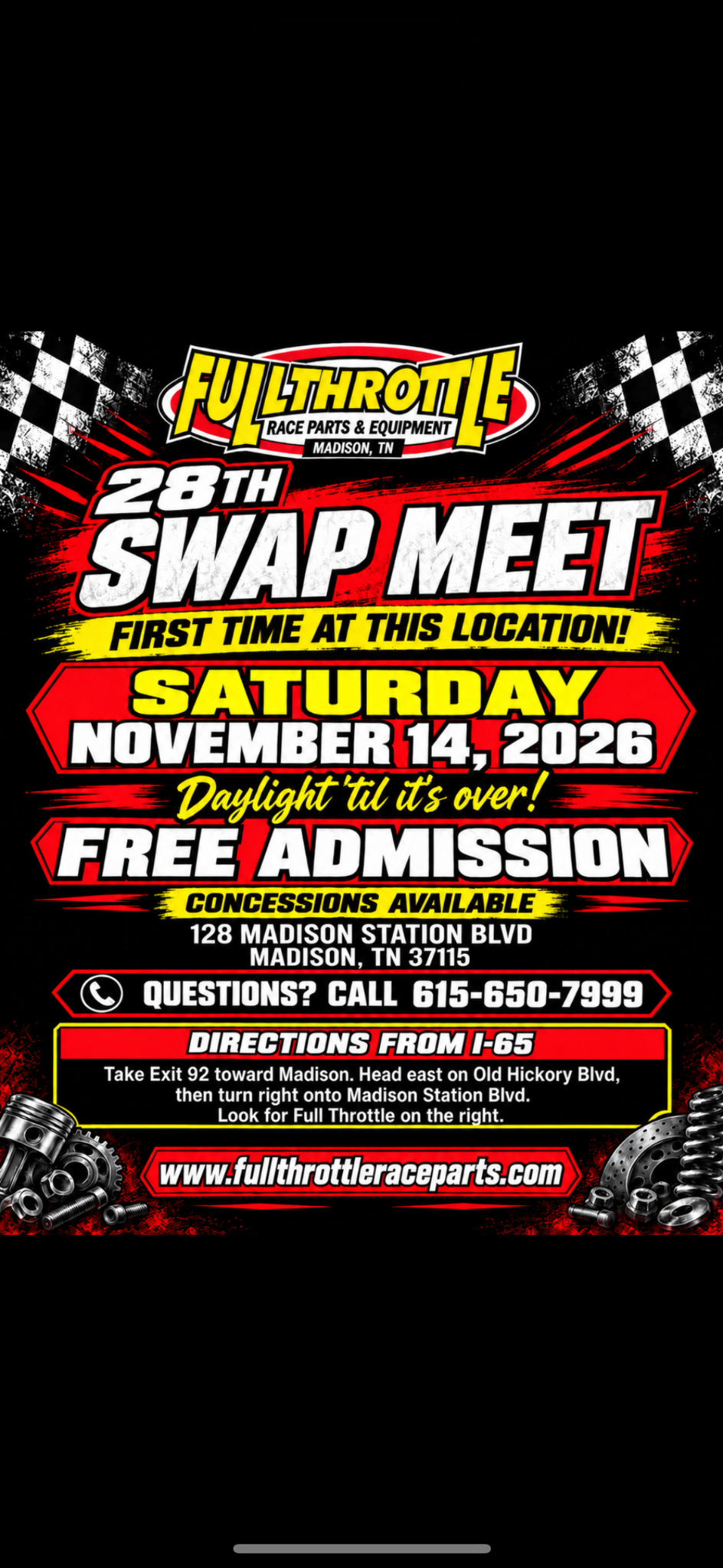 Full Throttle 28th Swap Meet flyer — Saturday November 14, 2026, daylight till it’s over. Free admission. 128 Madison Station Blvd, Madison, TN. Call 615-650-7999.