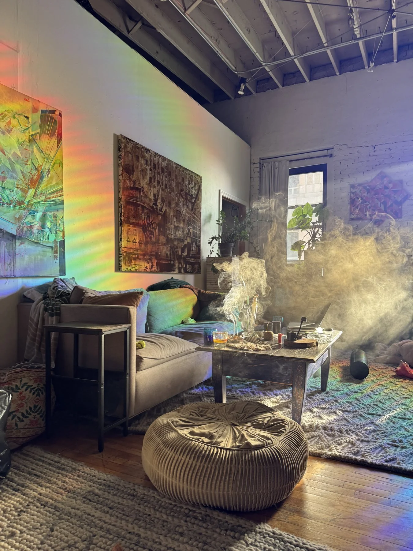 Living room with rainbow light and rising smoke