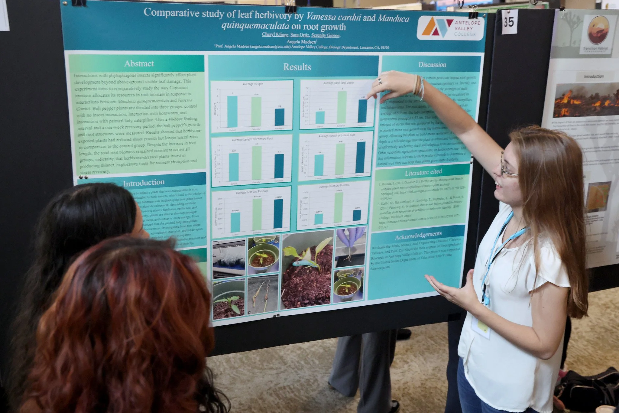 Students discussing research poster