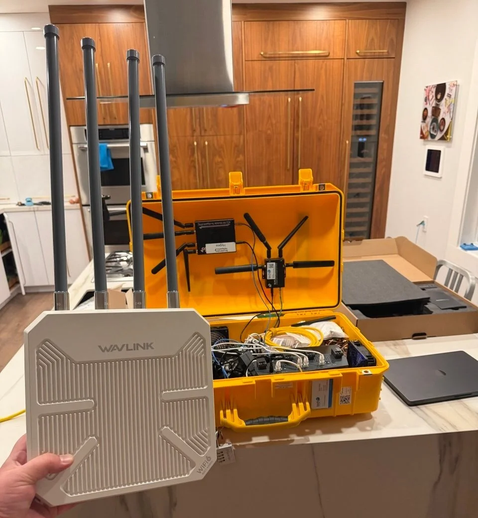 Tech Plus event internet kit open, showing 5G modems and antennas inside a yellow Pelican case, with a Wi-Fi 6 access point