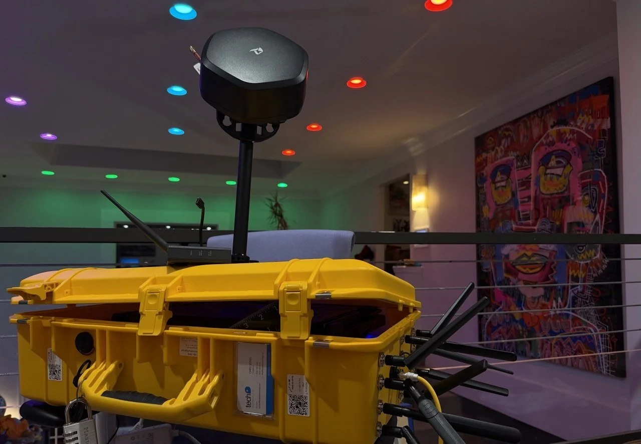 Tech Plus bonded 5G event internet kit in a rugged yellow Pelican case with external antennas