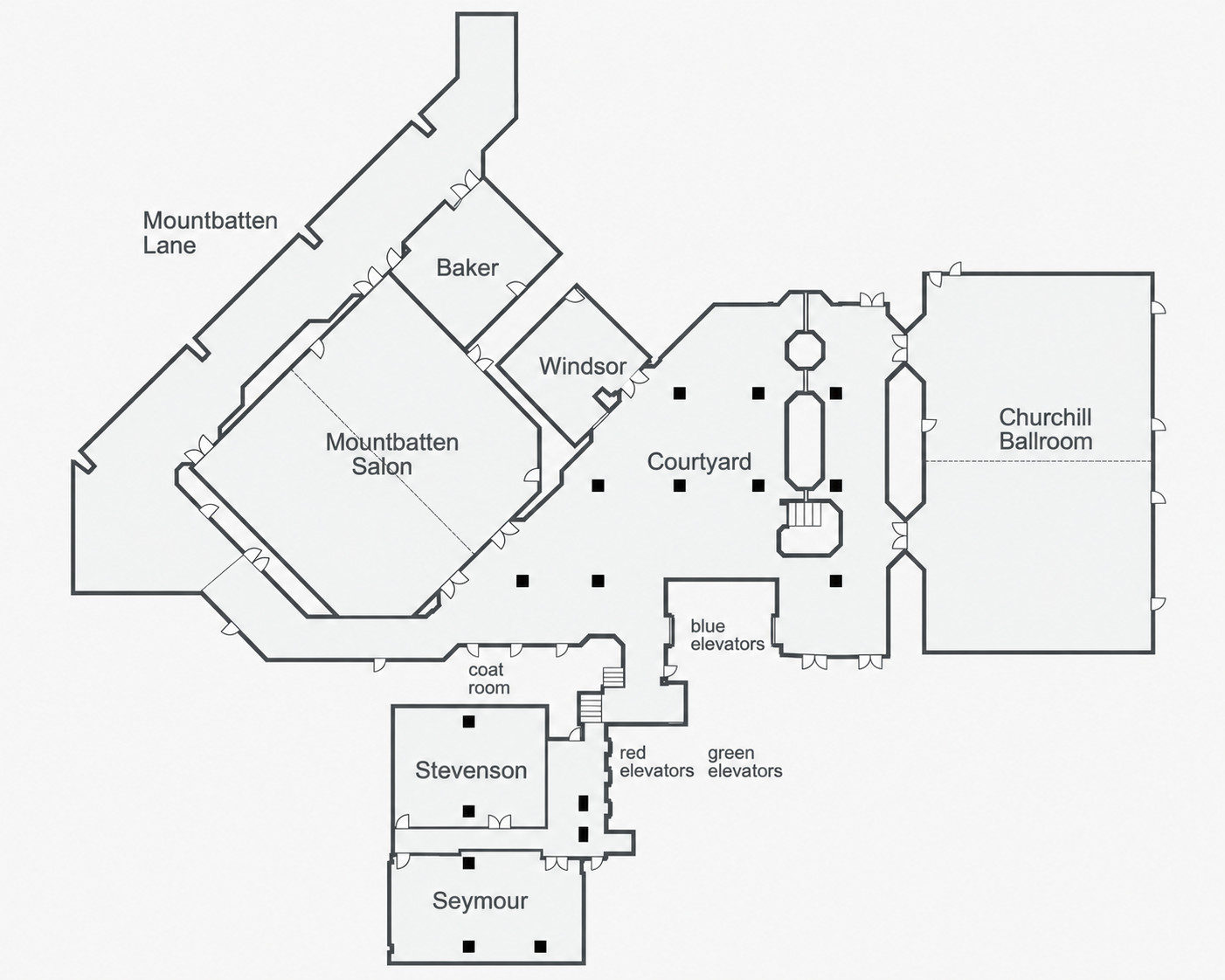 Second-floor plan of the Chelsea Hotel Toronto with colour-coded interactive conference spaces.