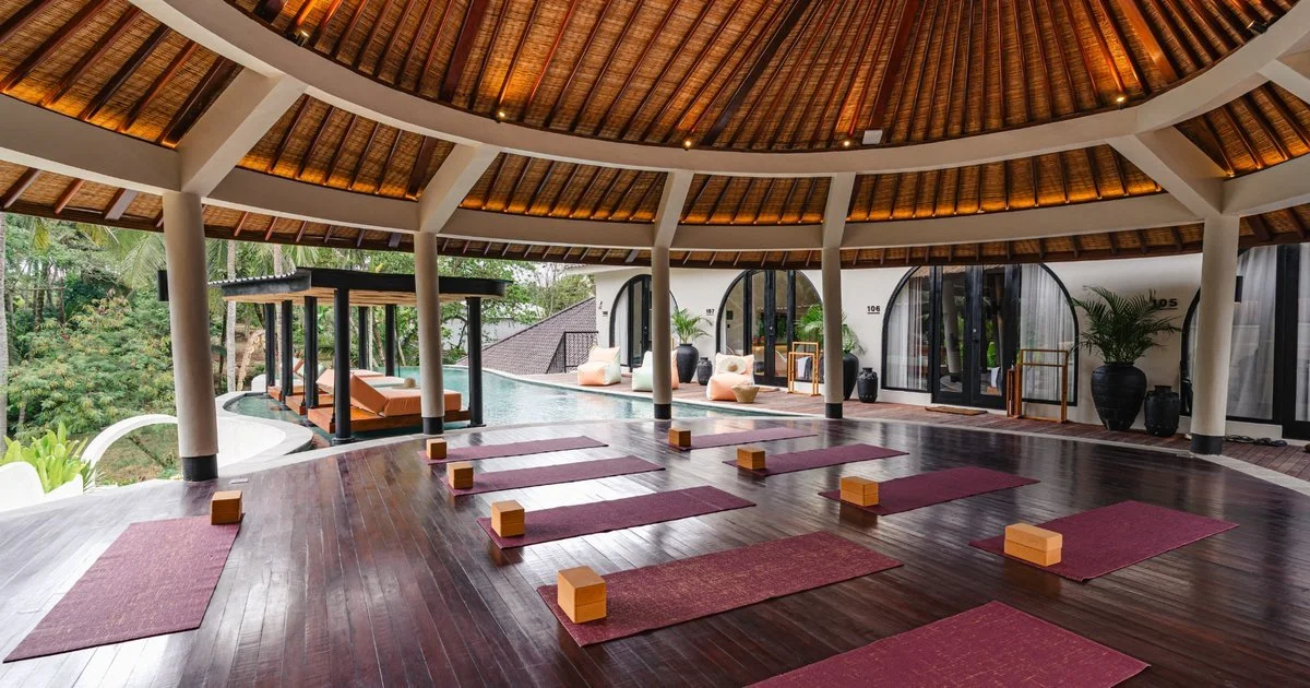 The yoga shala at Soulshine Bali private sanctuary, mats laid on the floor