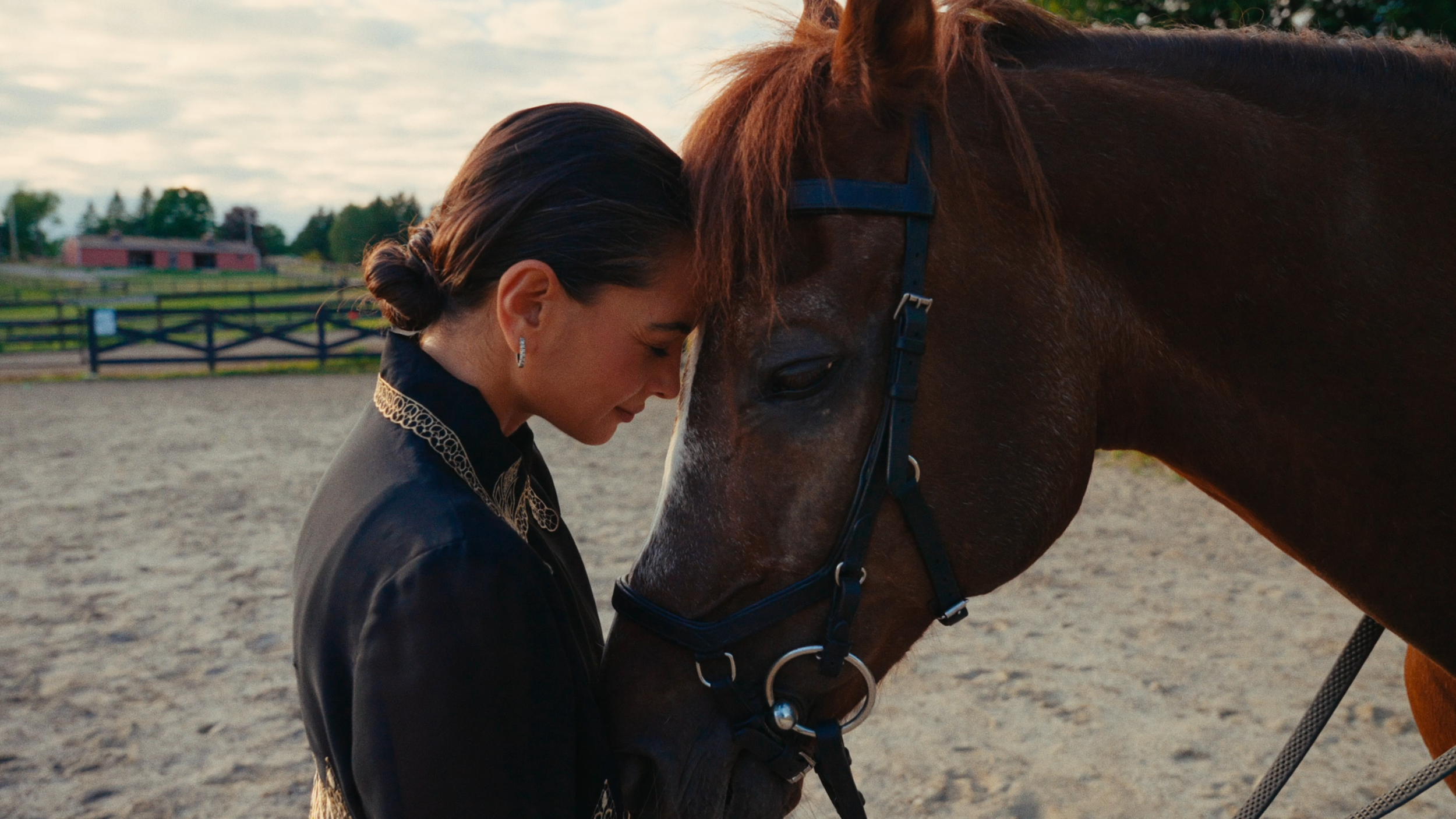 Bee Bosnak and a horse, foreheads touching, in the arena