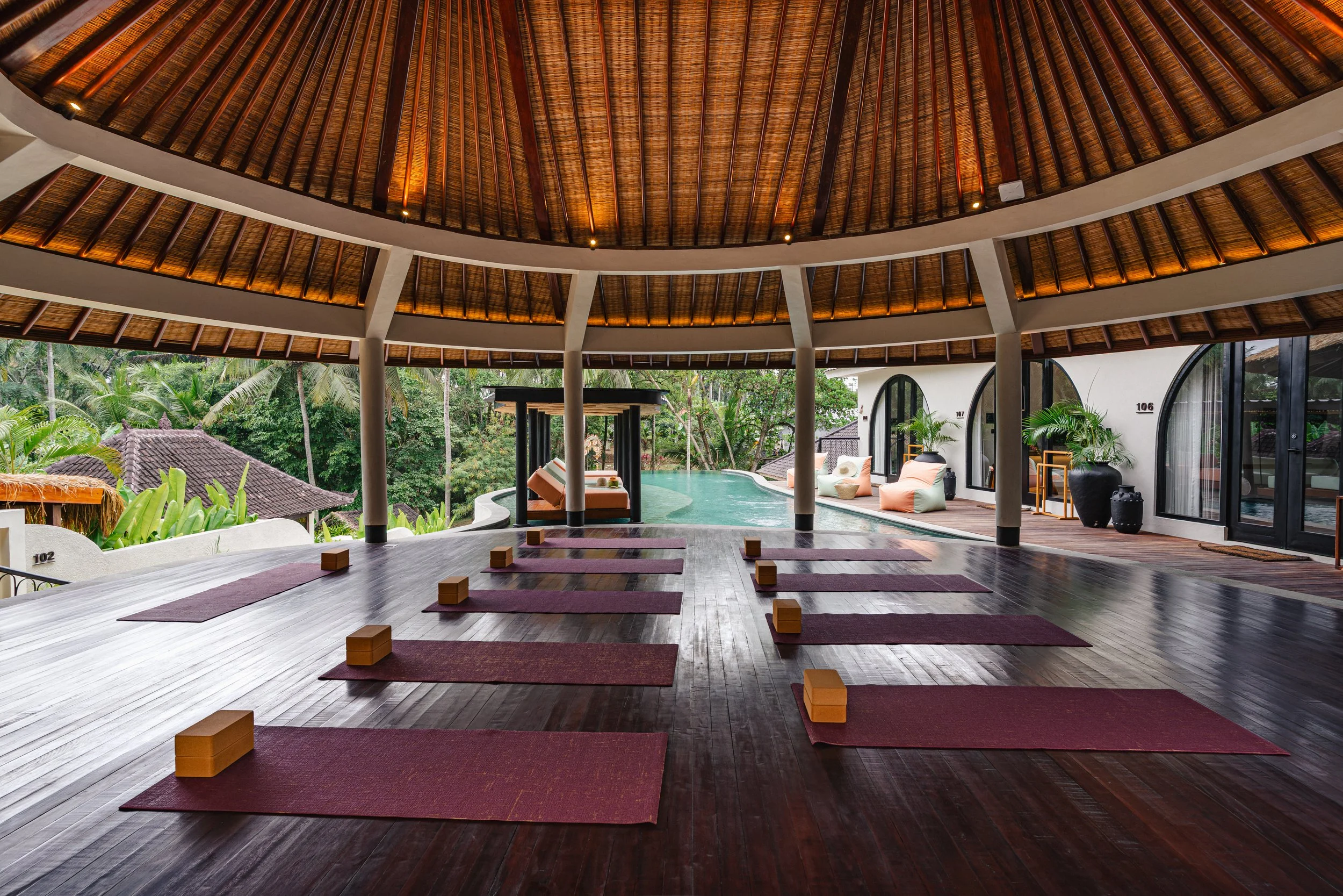 The shala, with the rooms and pool beyond