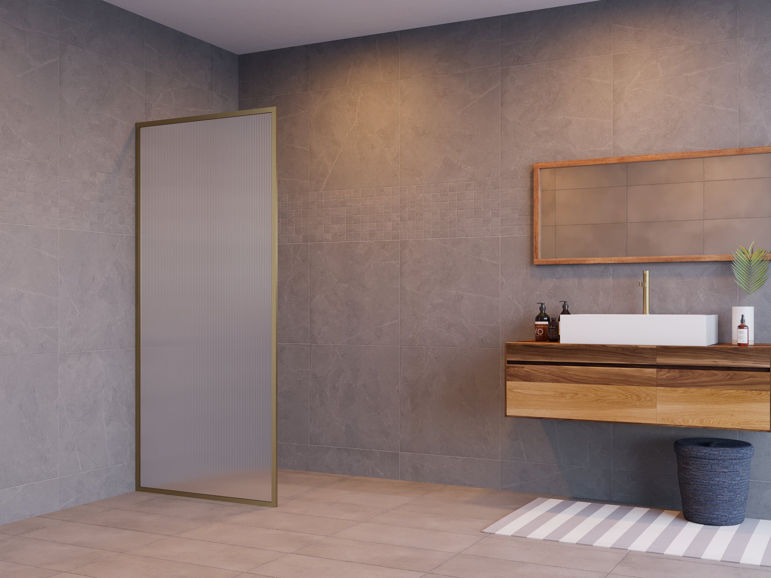 Reeded Glass Square Framed Panel - Satin Brass