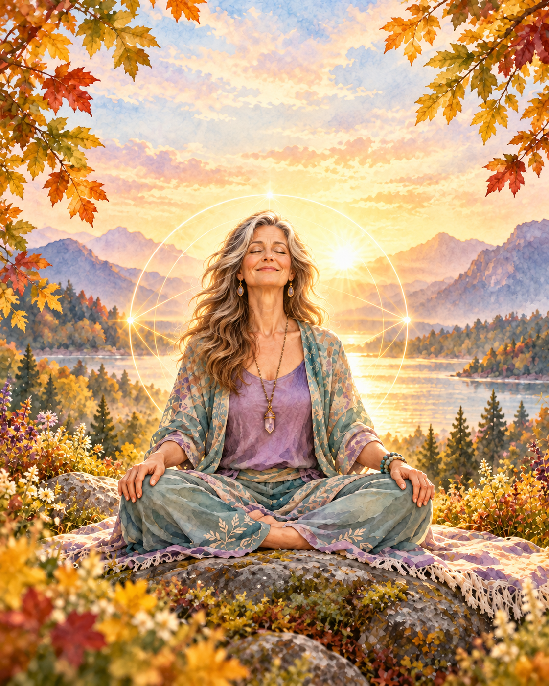 Watercolor illustration of a woman meditating beside a lake at golden hour, framed by autumn leaves.