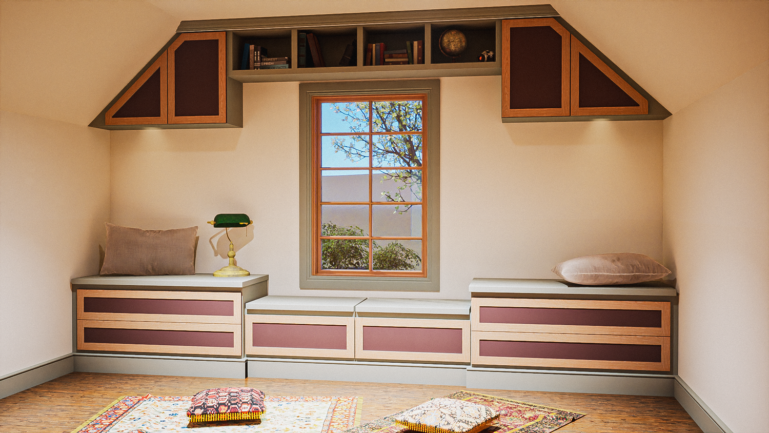 Attic window seat with storage drawers and built in shelving