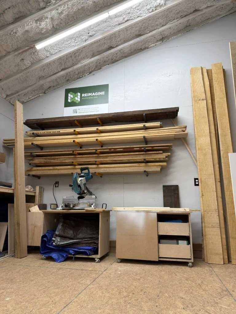 Custom woodworking project detail in the Reimagine Remodeling shop