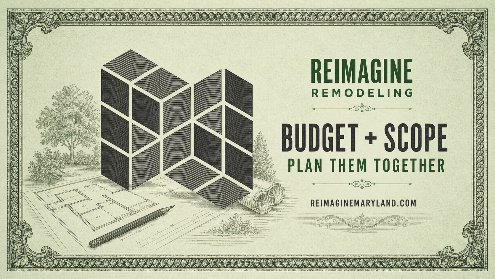 Vintage engraved planning graphic reading Budget and Scope, Plan Them Together