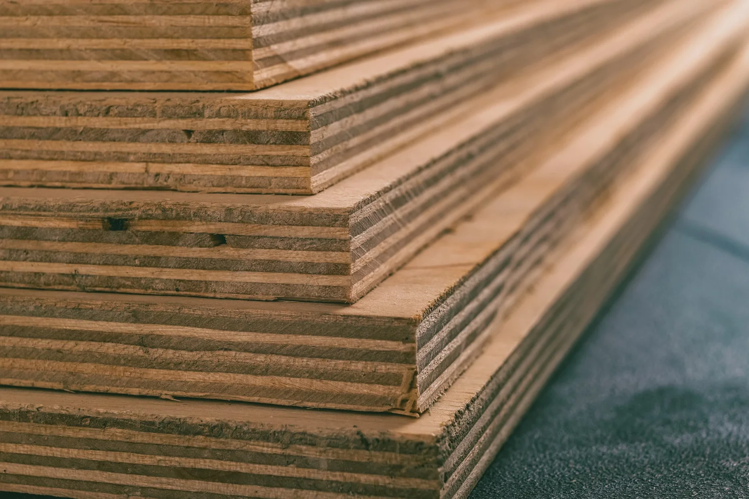 Close view of plywood showing layered wood construction