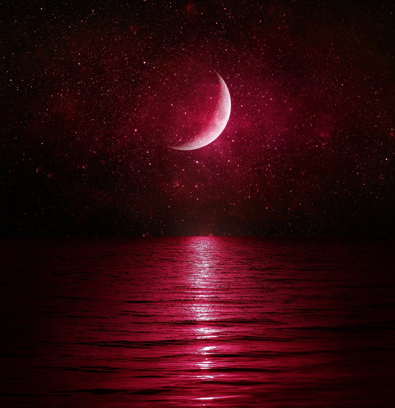 A crescent moon reflected on still dark water