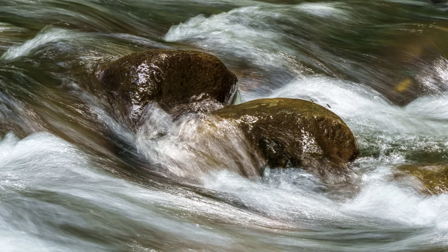 A stream moving over rocks, the water blurred by a long exposure